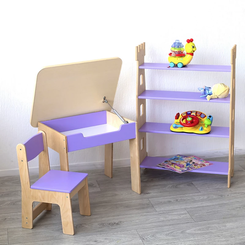 Дерев’яний дитячий столик зі стільчиком і полицею