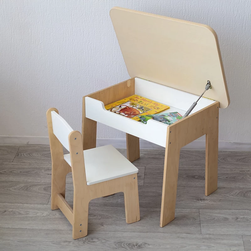 Дитячий столик і стільчик білого кольору з дерева з відкритою нішею для зберігання олівців і книжок