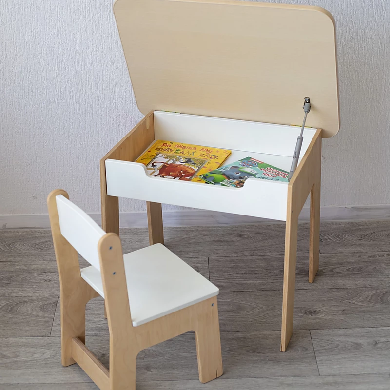 Столик і стільчик для дітей білого кольору з відкритою кришкою і нішею для зберігання розмальовок і олівців