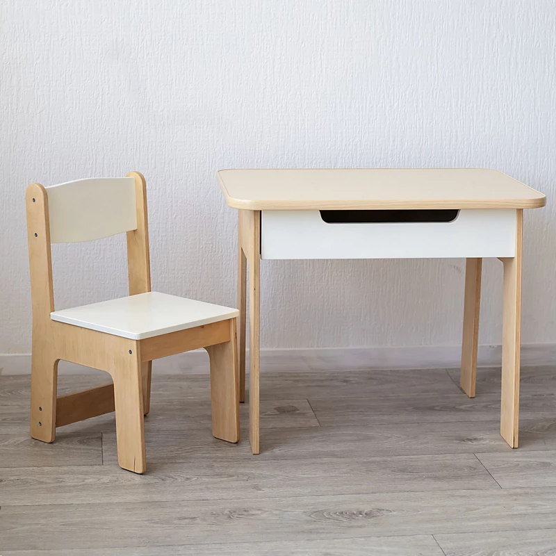 Комплект дитячий стіл і стільчик з дерева в білому кольорі для ігор і малювання